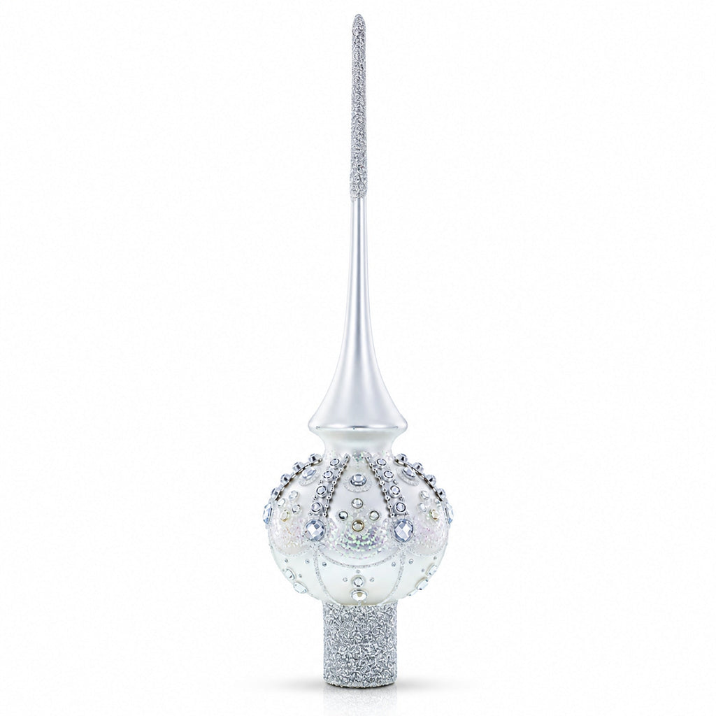 White Jewels on Silver Glass Christmas Tree Topper 11 Inches