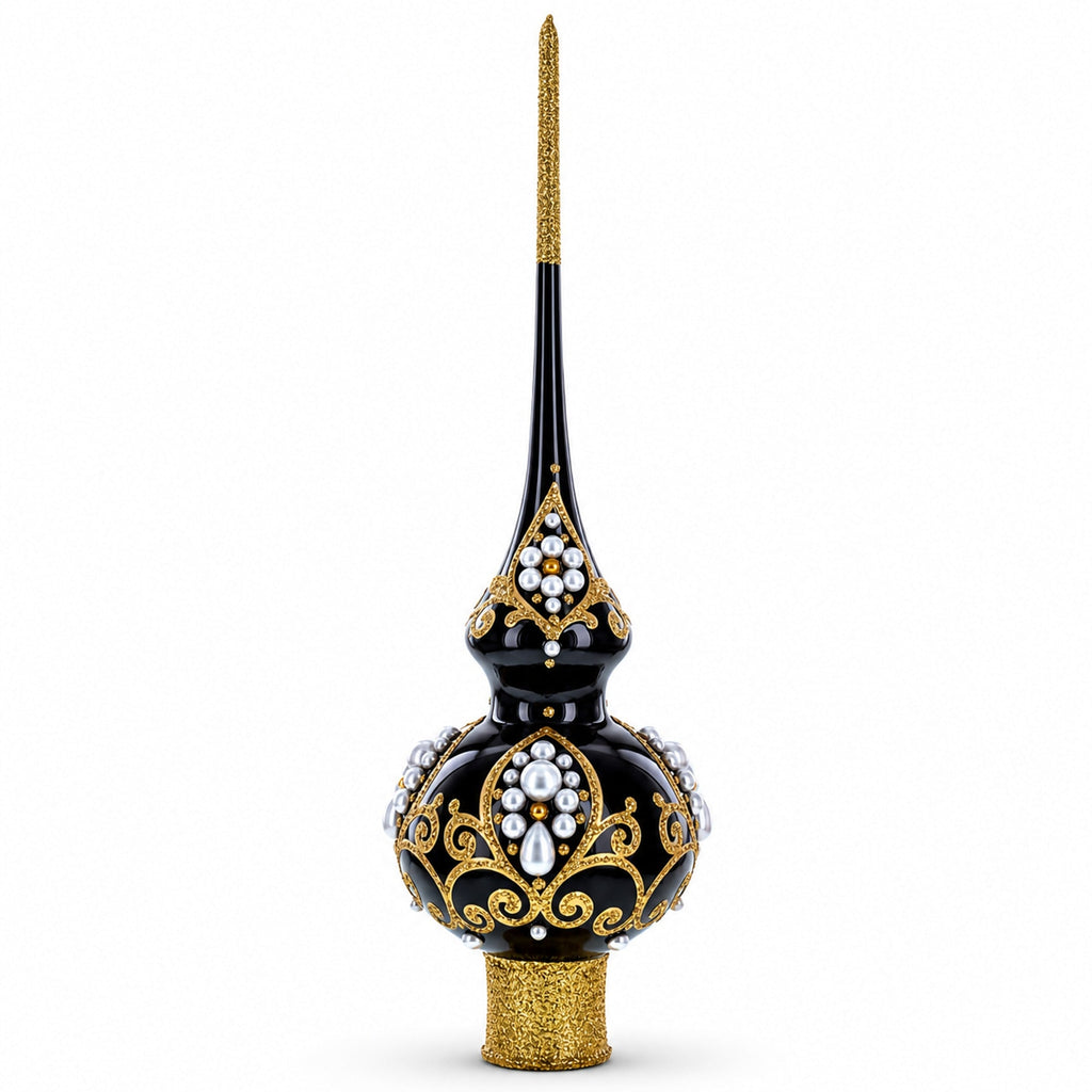 Black and Gold Filigree Design Glass Christmas Tree Topper 11 Inches