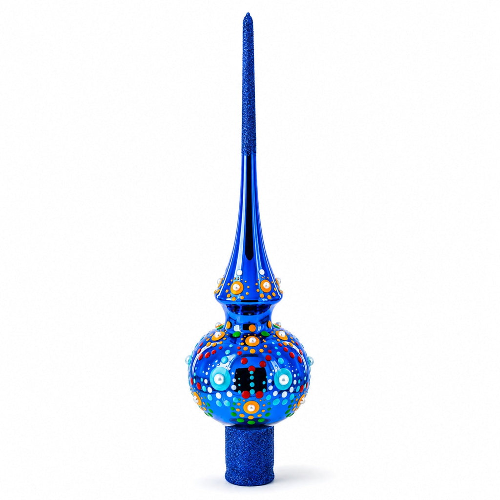 Glossy Blue with Festive Accents Glass Christmas Tree Topper 11 Inches