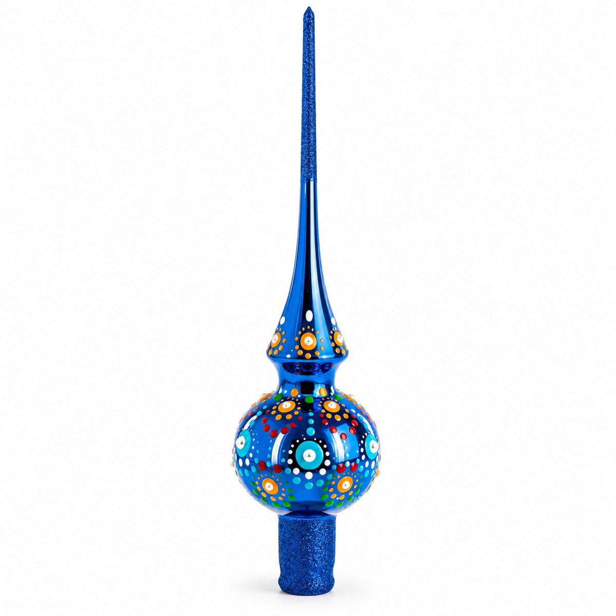 Glossy Blue with Festive Accents Glass Christmas Tree Topper 11 Inches