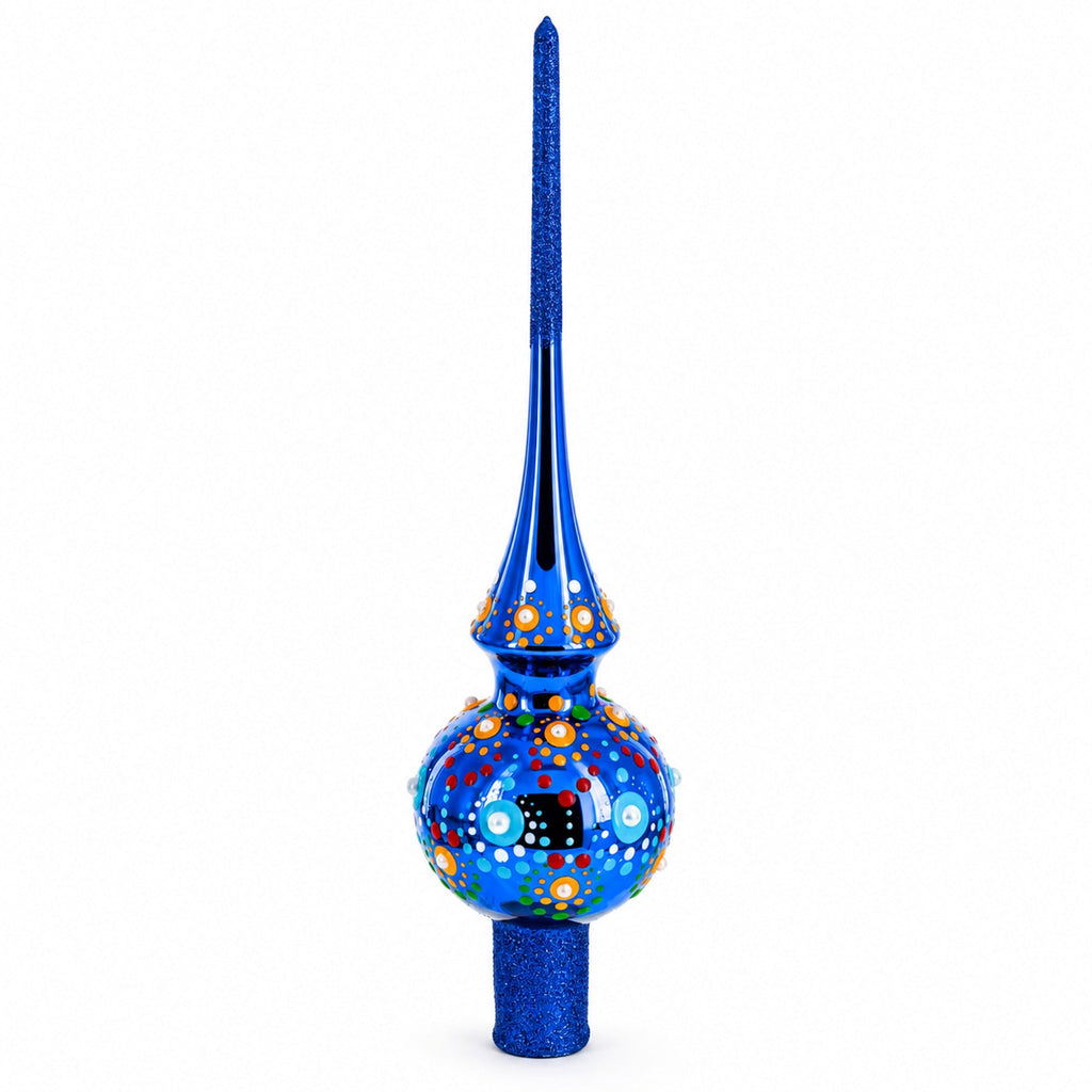 Glossy Blue with Festive Accents Glass Christmas Tree Topper 11 Inches