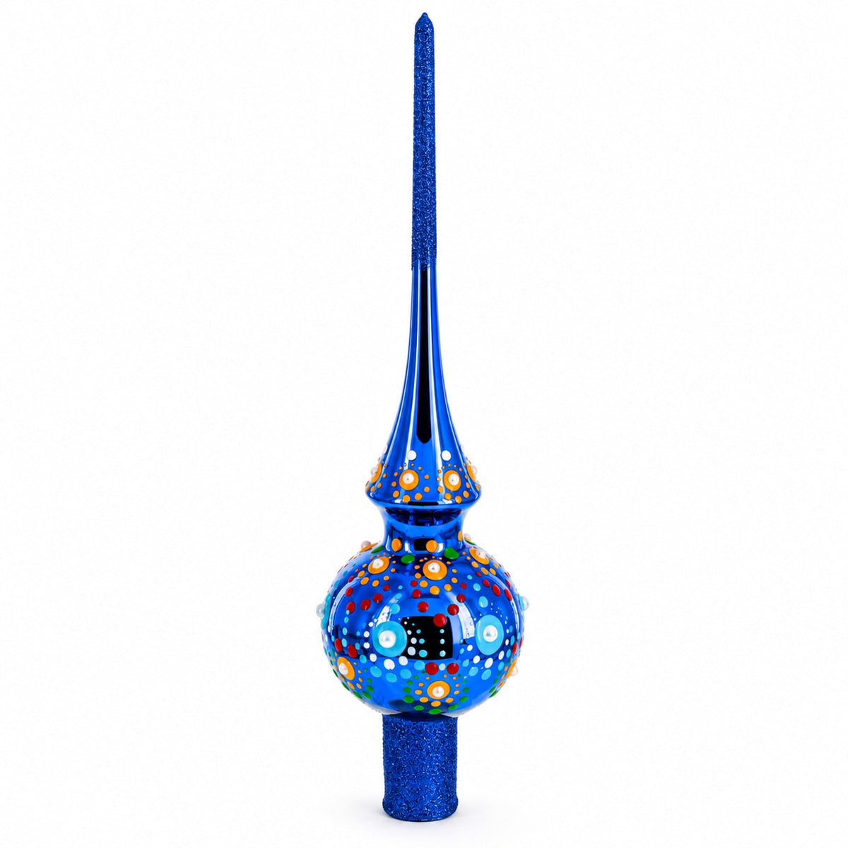 Glossy Blue with Festive Accents Glass Christmas Tree Topper 11 Inches