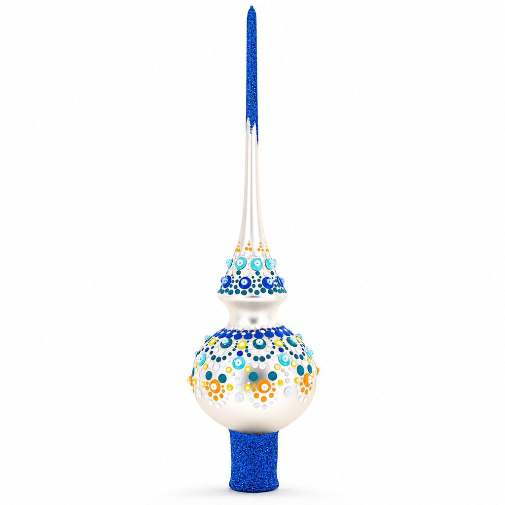 Chic Iridescent Pearl with Blue Embellishments Glass Christmas Tree Topper 11 Inches