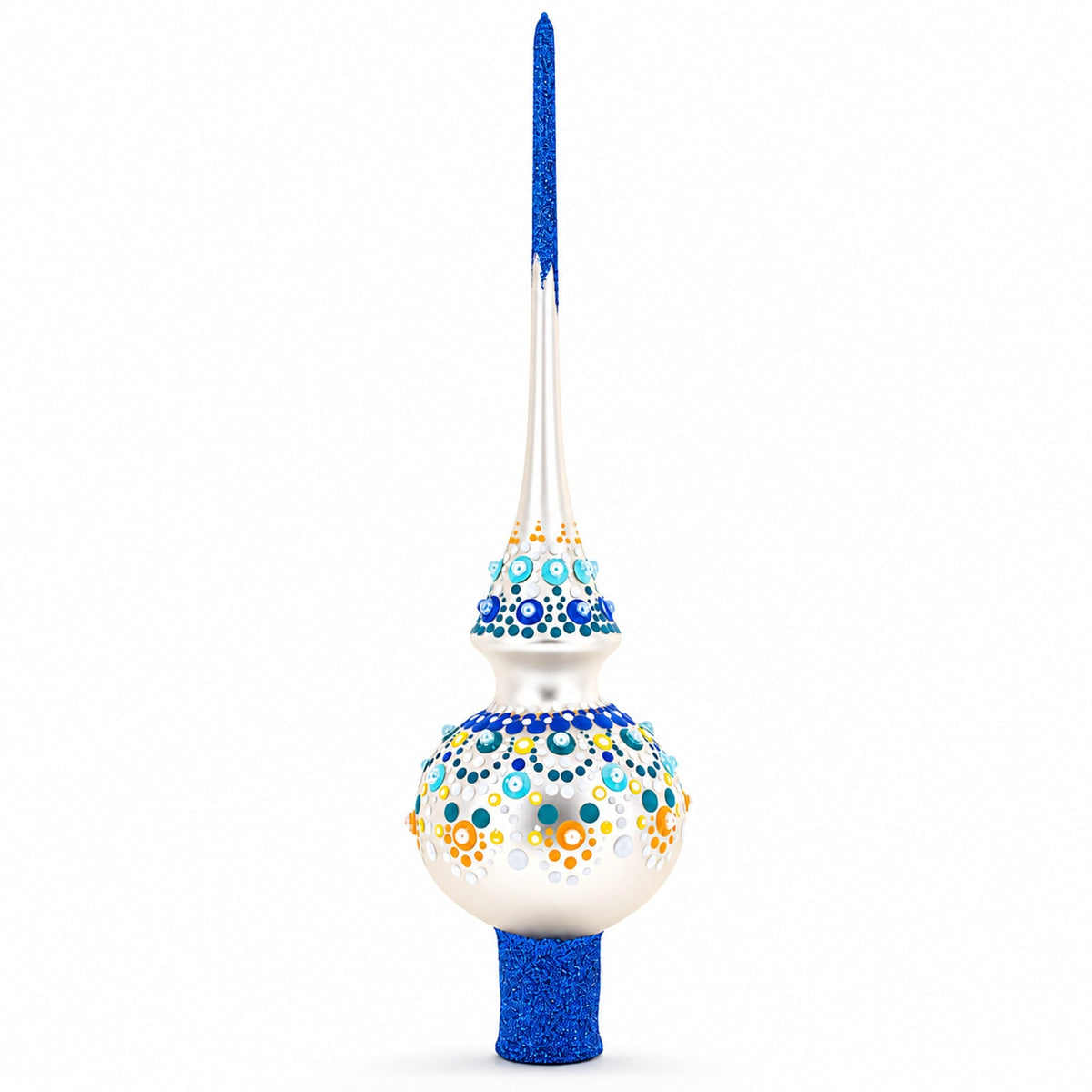 Chic Iridescent Pearl with Blue Embellishments Glass Christmas Tree Topper 11 Inches