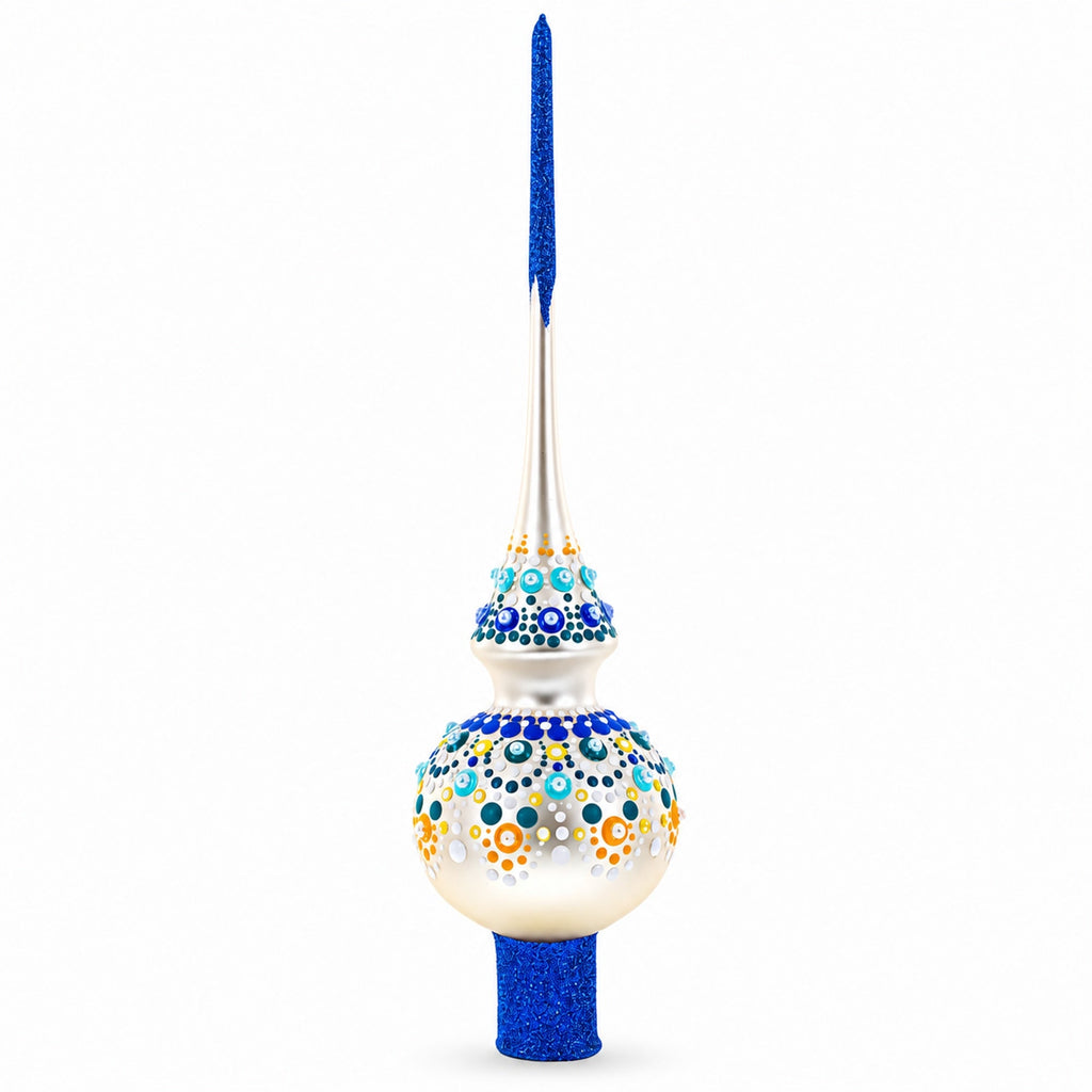 Chic Iridescent Pearl with Blue Embellishments Glass Christmas Tree Topper 11 Inches