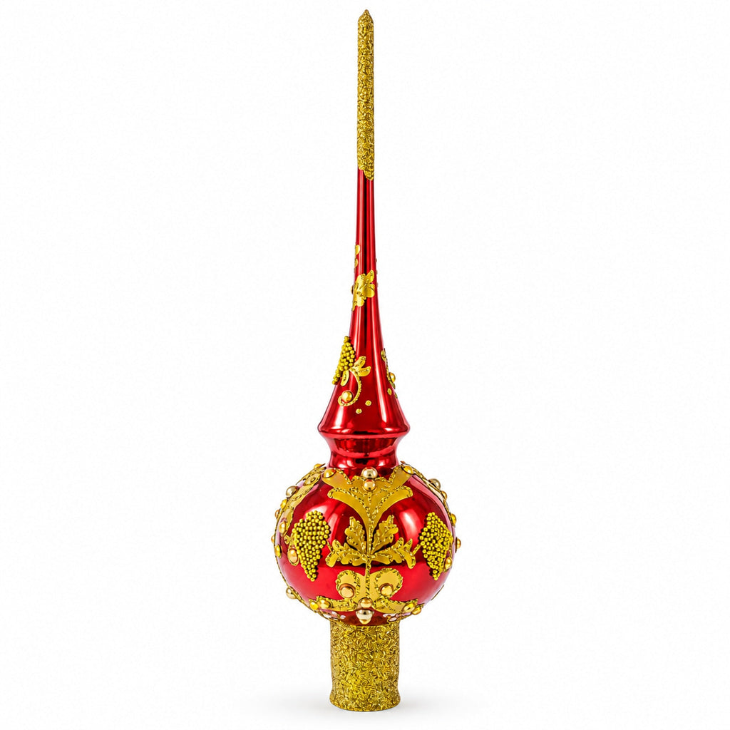 Luxurious Crimson Red with Golden Glitter Glass Christmas Tree Topper 11 Inches
