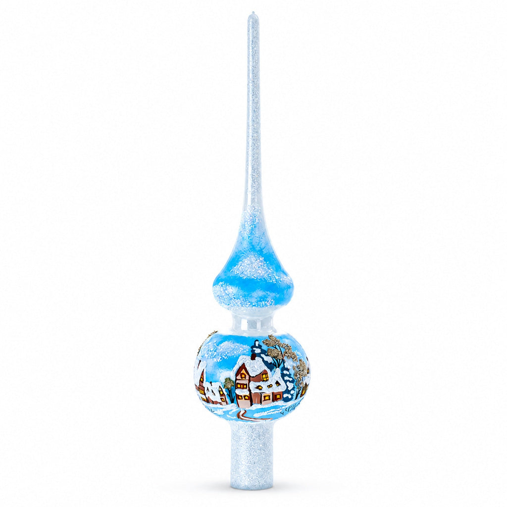 Winter Wonderland Scene with Sparkling Snow Glass Christmas Tree Topper 11 Inches