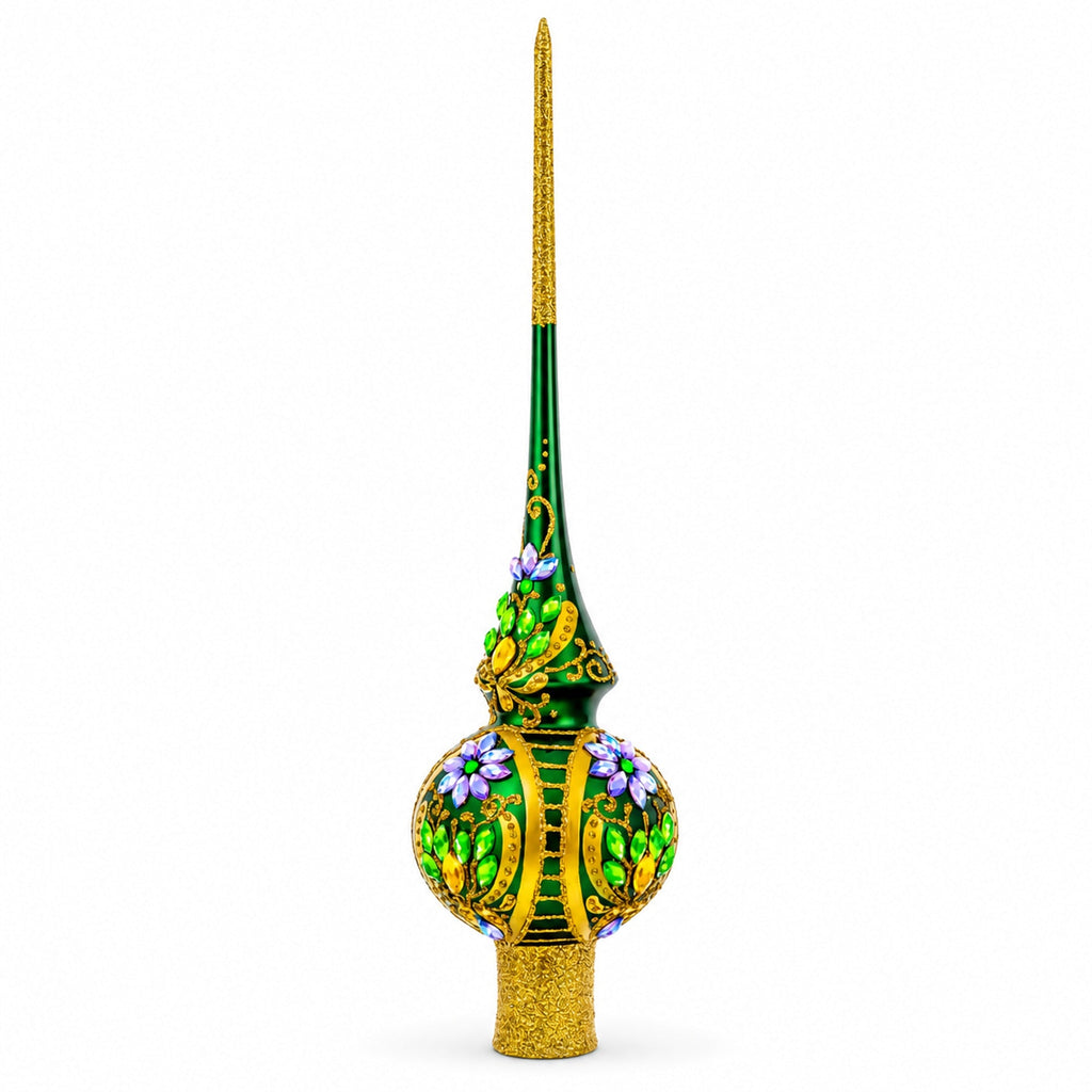 Enchanted Emerald Jeweled Green Glass Christmas Tree Topper 11 Inches