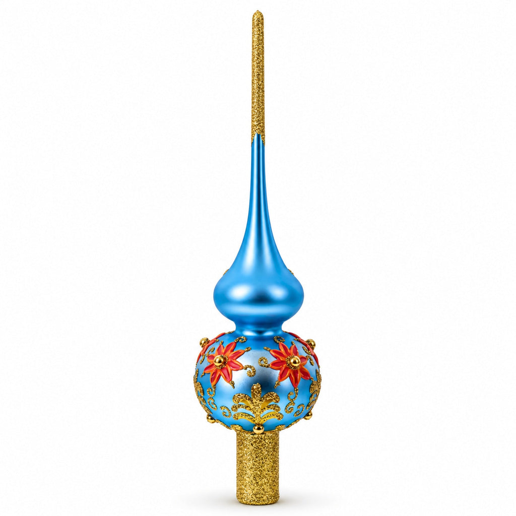 Exquisite Blue and Gold Floral Glass Christmas Tree Topper 11 Inches