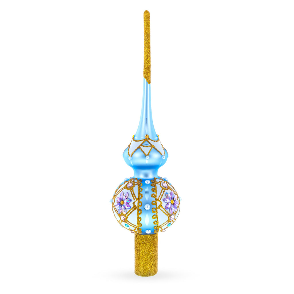 Elegant Blue and Purple Jewel-Encrusted Glass  Tree Topper 11 Inches