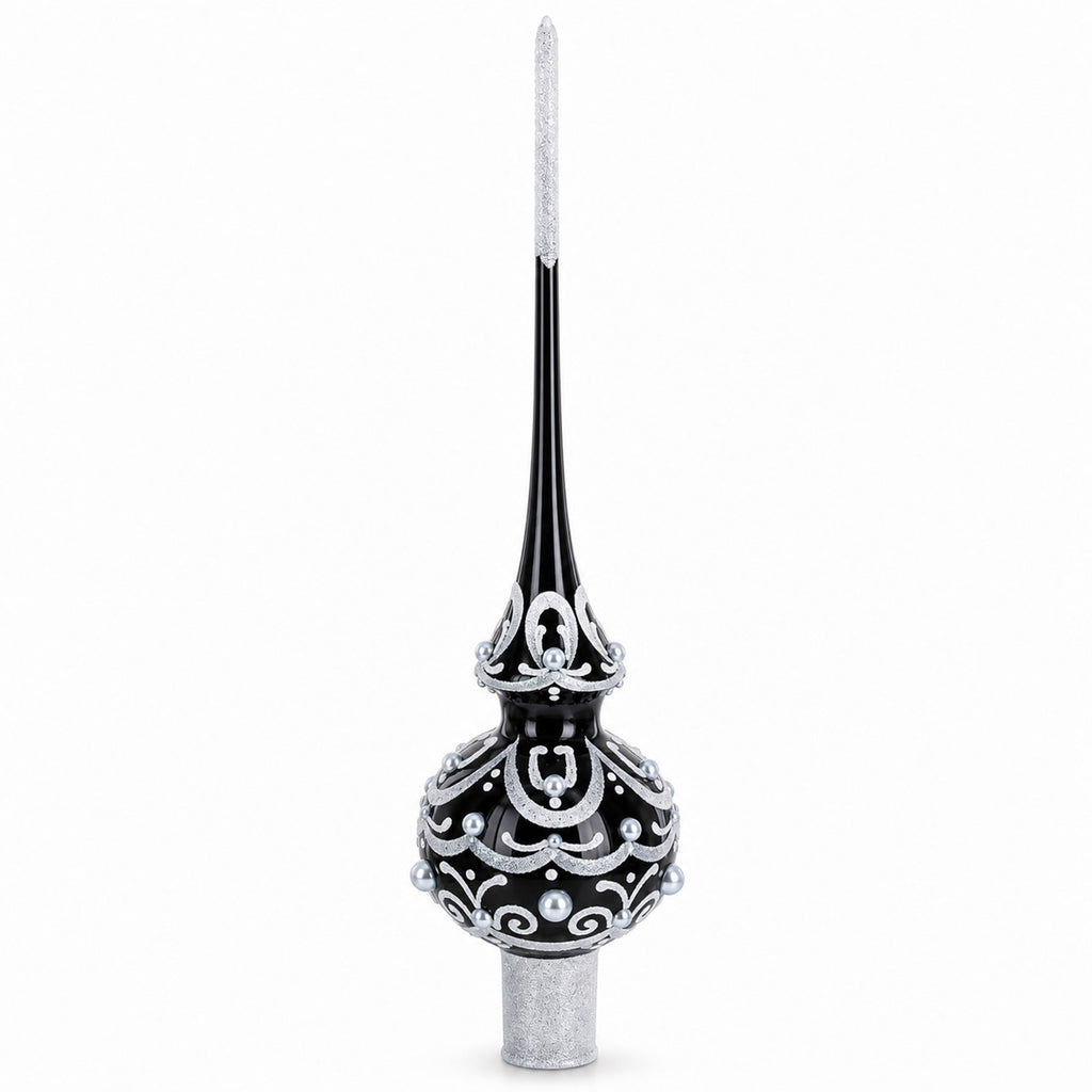 Black & White Scroll Pear Glass Christmas Tree Topper 11 Inches