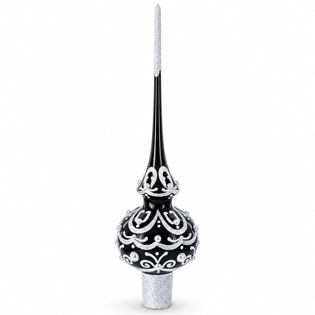 Black & White Scroll Pear Glass Christmas Tree Topper 11 Inches