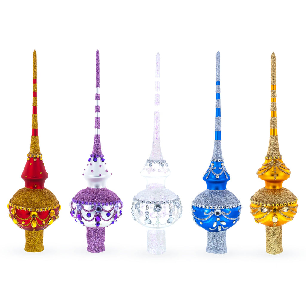 Dimensional White Jewels on White Glass Christmas Tree Topper 11 Inches