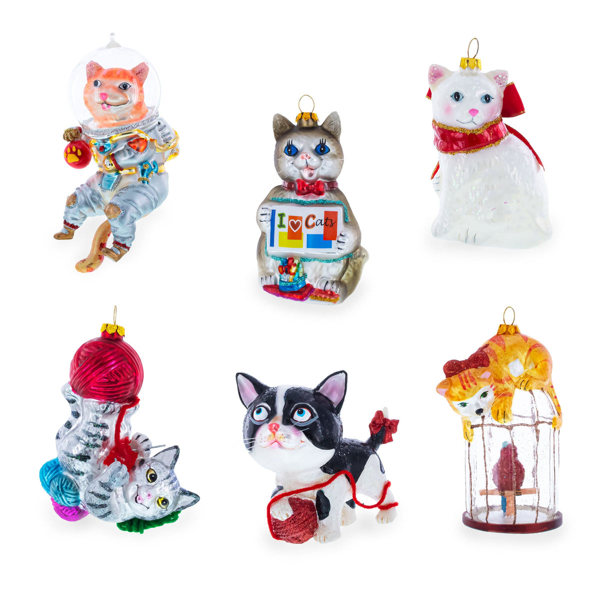 Cat with Red Scarf Glass Christmas Ornament