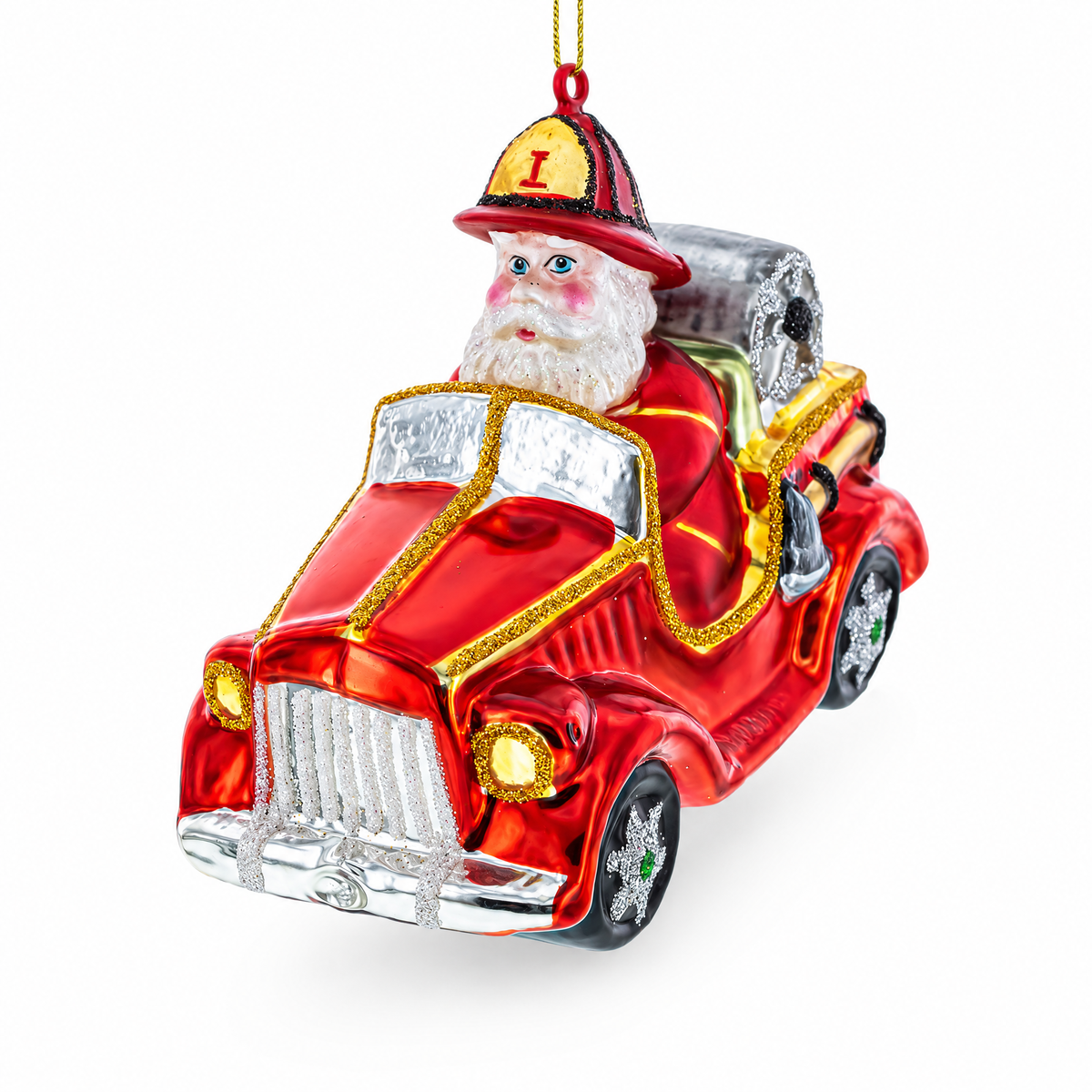 Santa Firefighter Glass Christmas Ornament