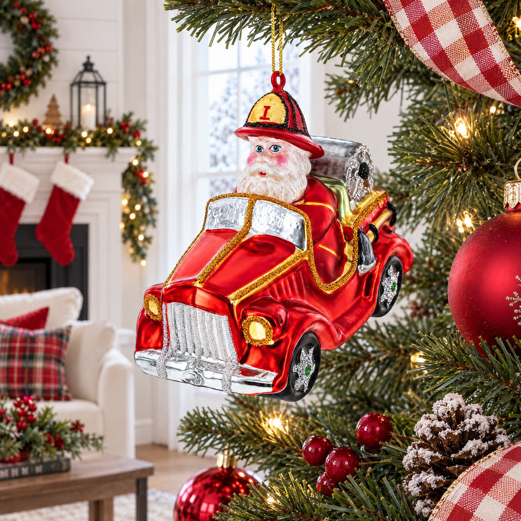 Santa Firefighter Glass Christmas Ornament