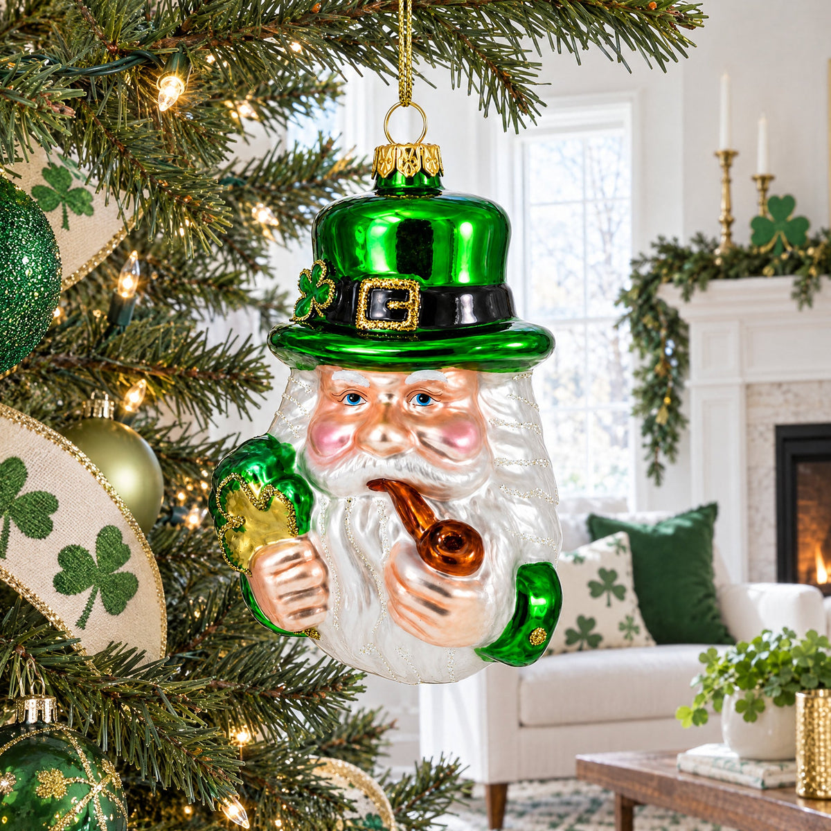 Irish Santa with Shamrock and Pipe Glass Christmas Ornament