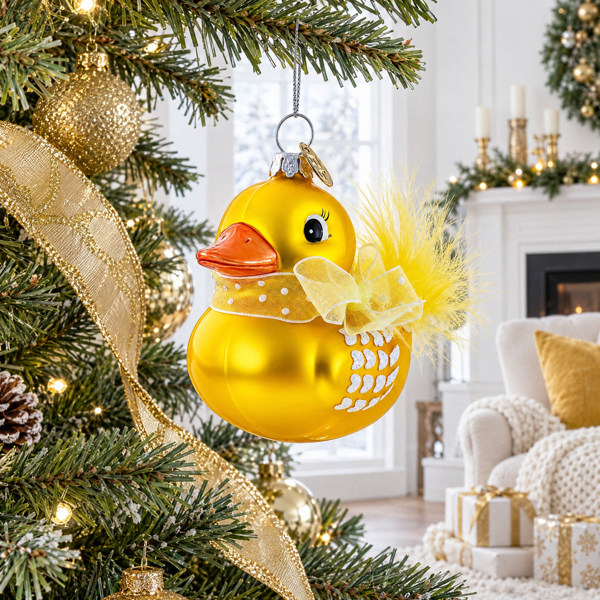 Yellow Duck with Bow Glass Christmas Ornament