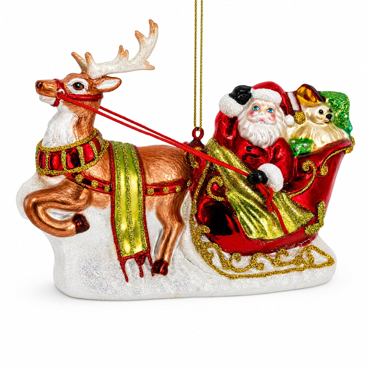 Santa’s Sleigh Ride with Reindeer Glass Christmas Ornament