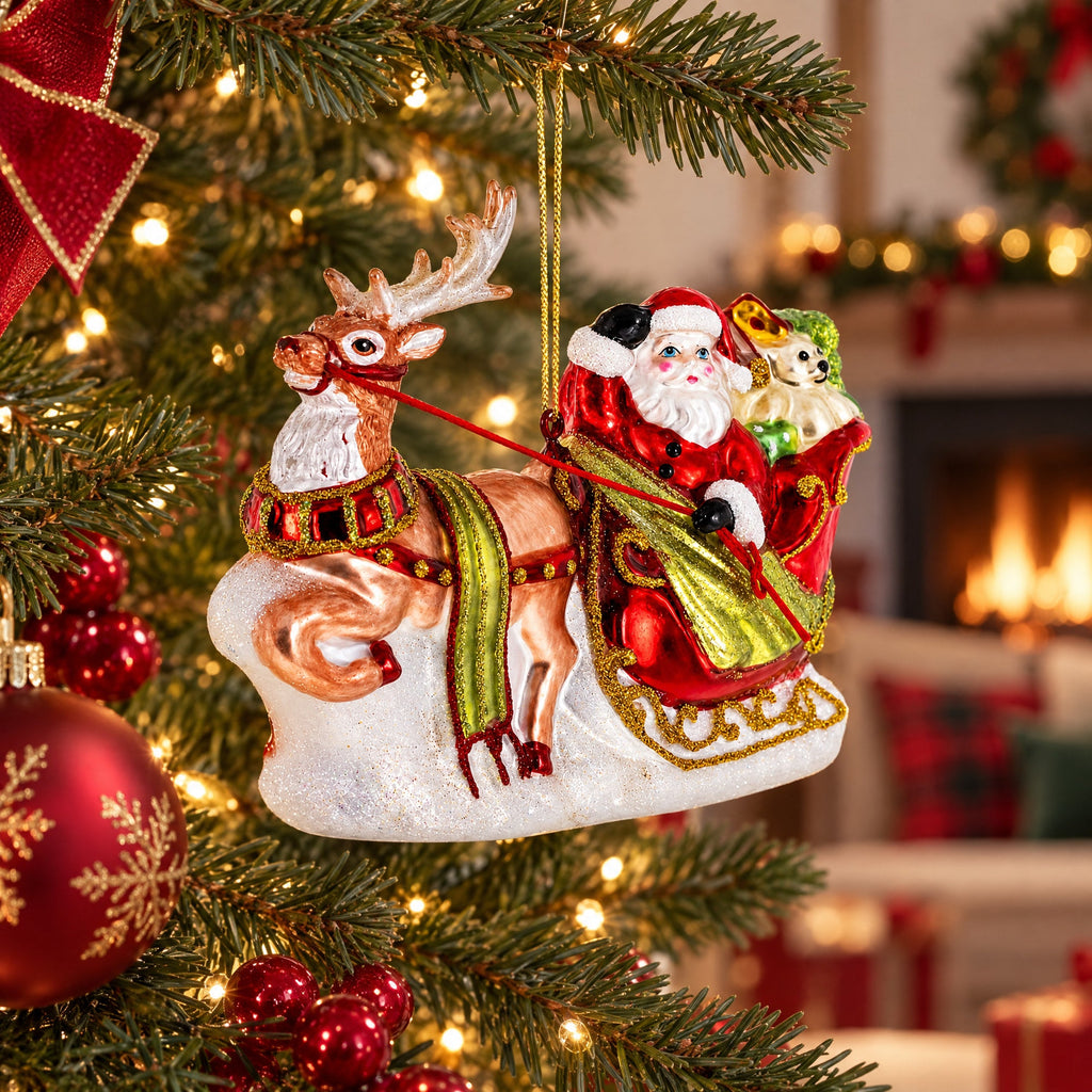 Santa’s Sleigh Ride with Reindeer Glass Christmas Ornament