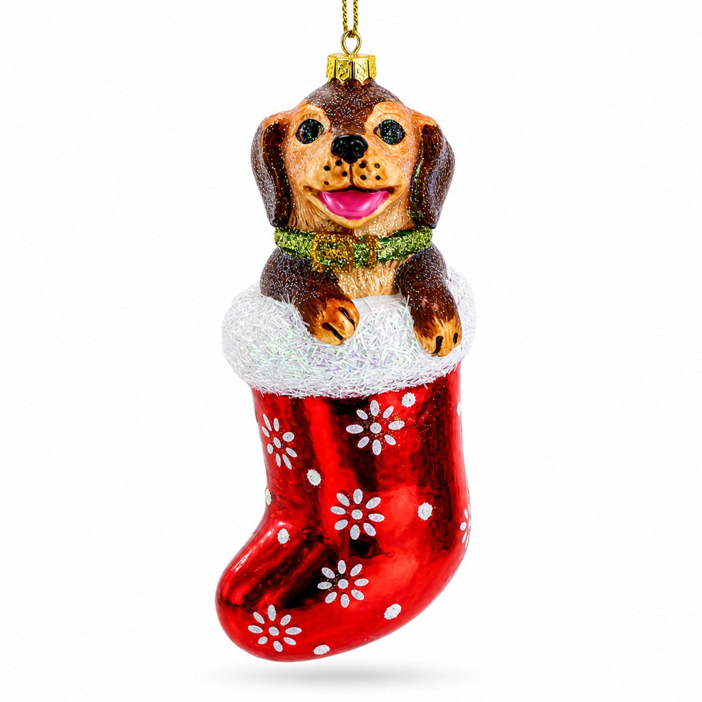 Puppy in Stocking Glass Christmas Ornament