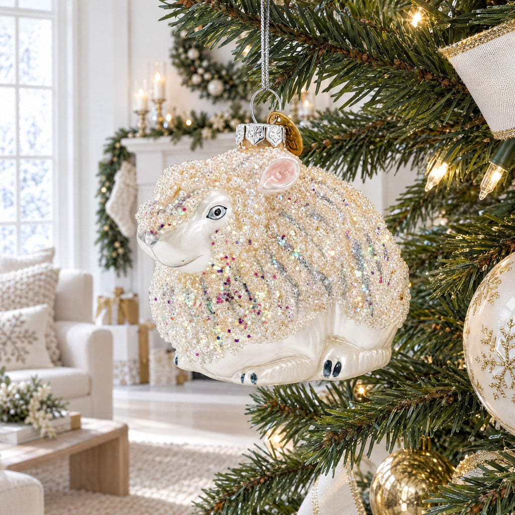 White Sparkling Bunny Glass Christmas Ornament