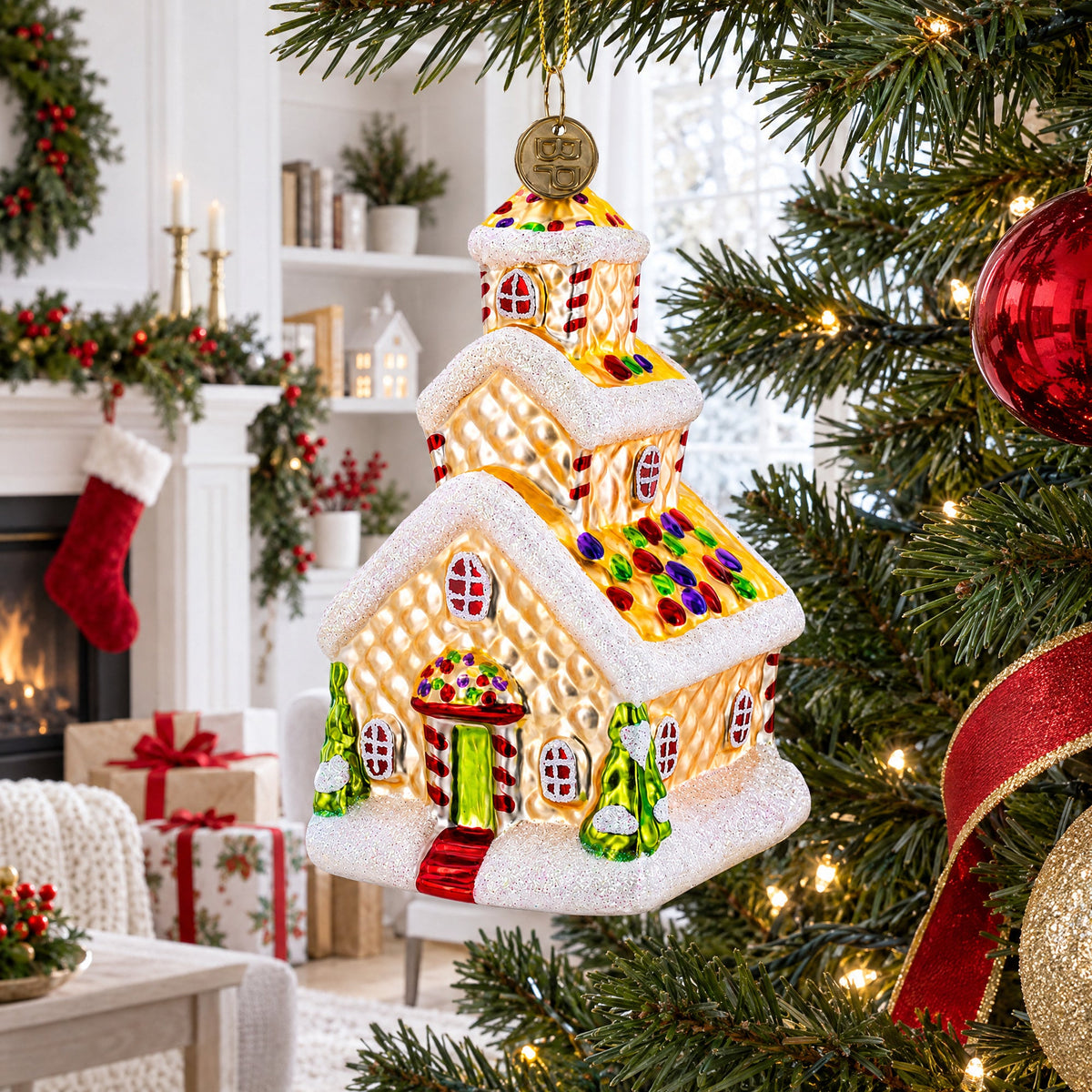 Gingerbread House with Candy Canes Glass Christmas Ornament