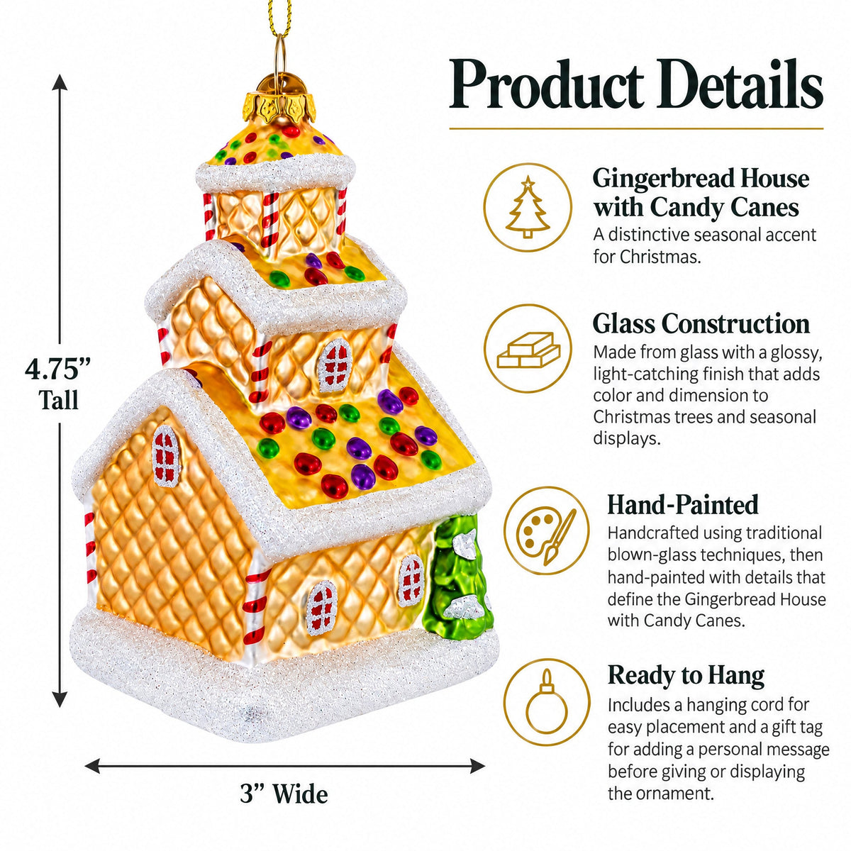 Gingerbread House with Candy Canes Glass Christmas Ornament