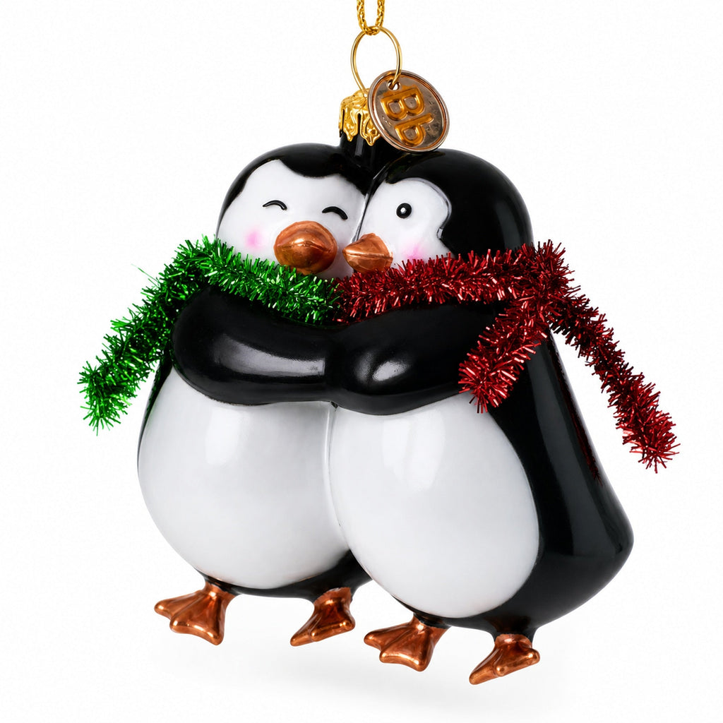 Penguin Couple in Love Glass Christmas Ornament