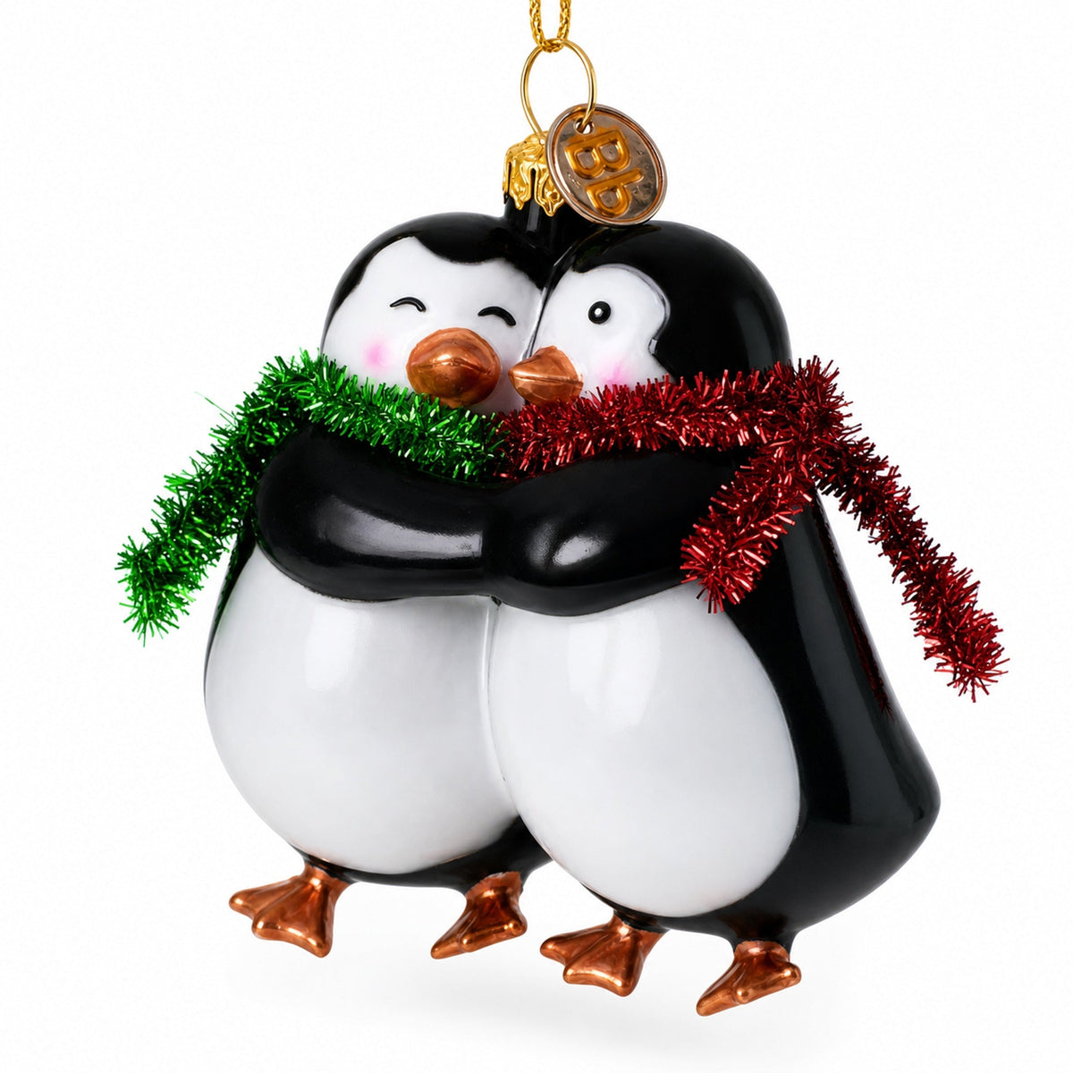 Penguin Couple in Love Glass Christmas Ornament