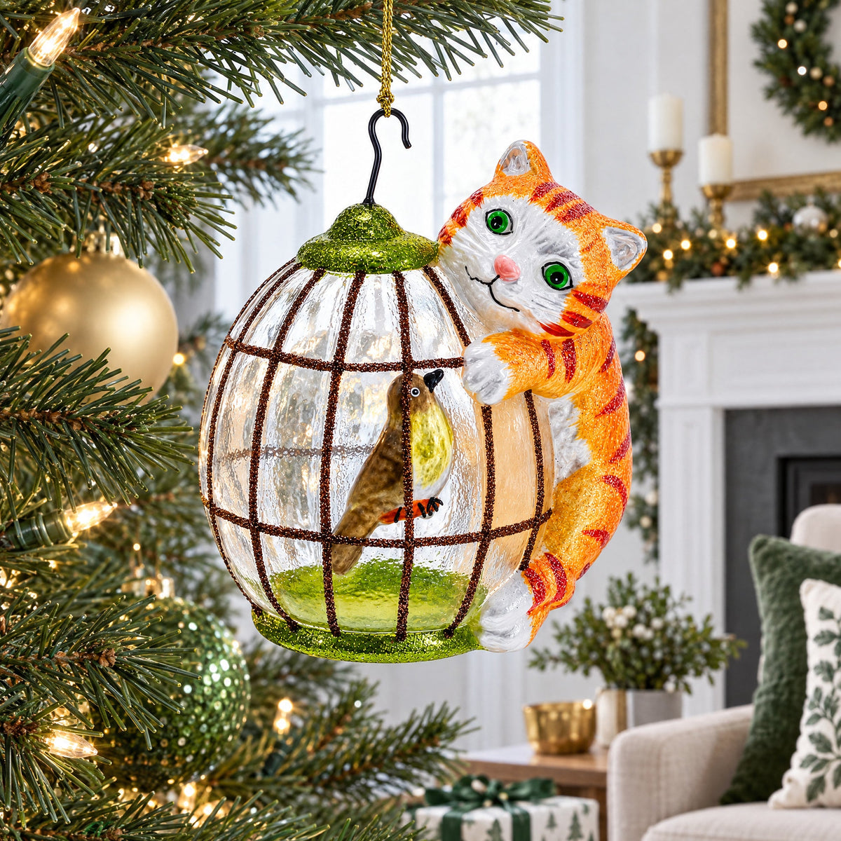 Curious Cat and Caged Bird Glass Christmas Ornament