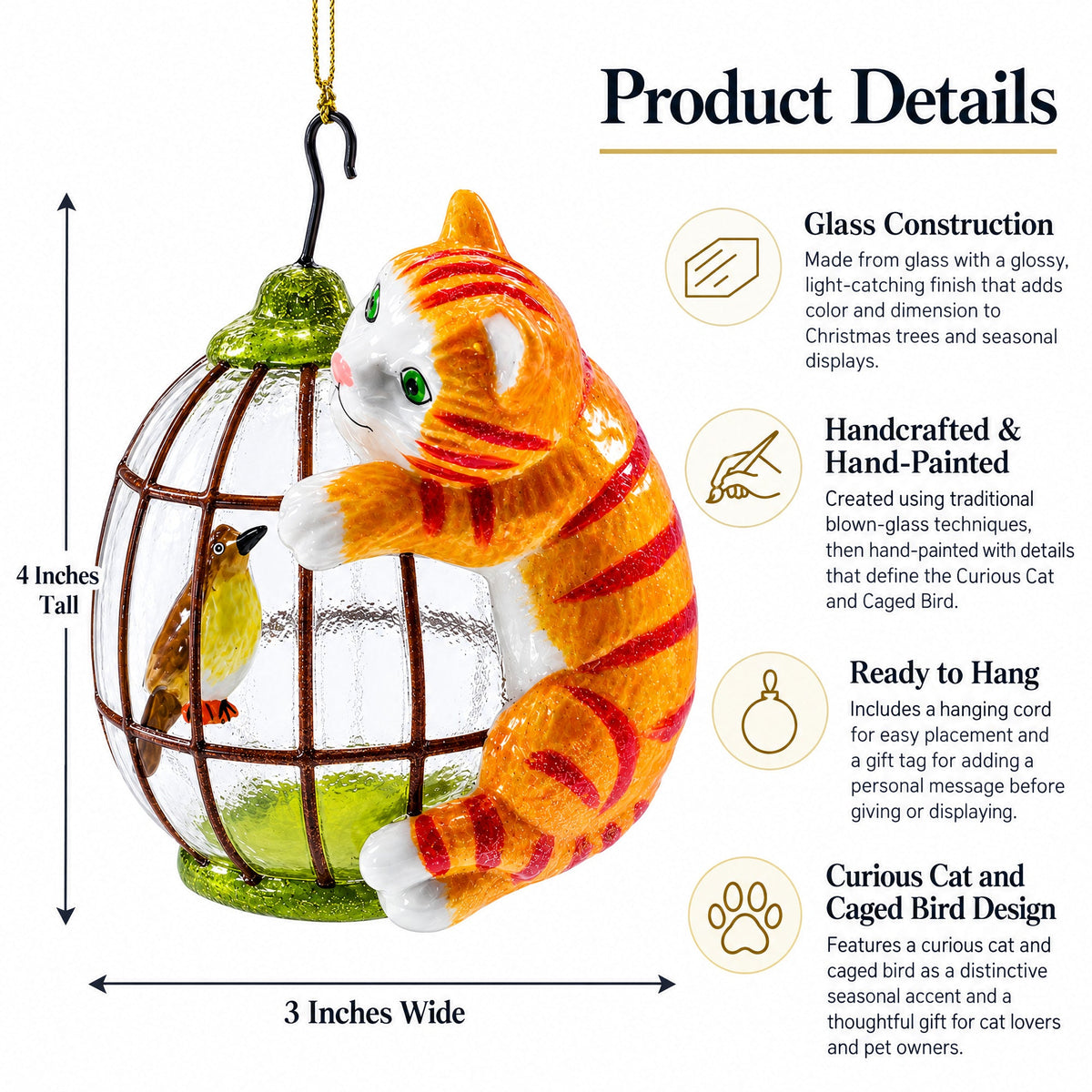 Curious Cat and Caged Bird Glass Christmas Ornament