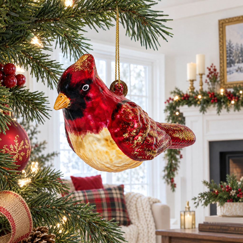 Red Cardinal Bird Glittered Glass Christmas Ornament