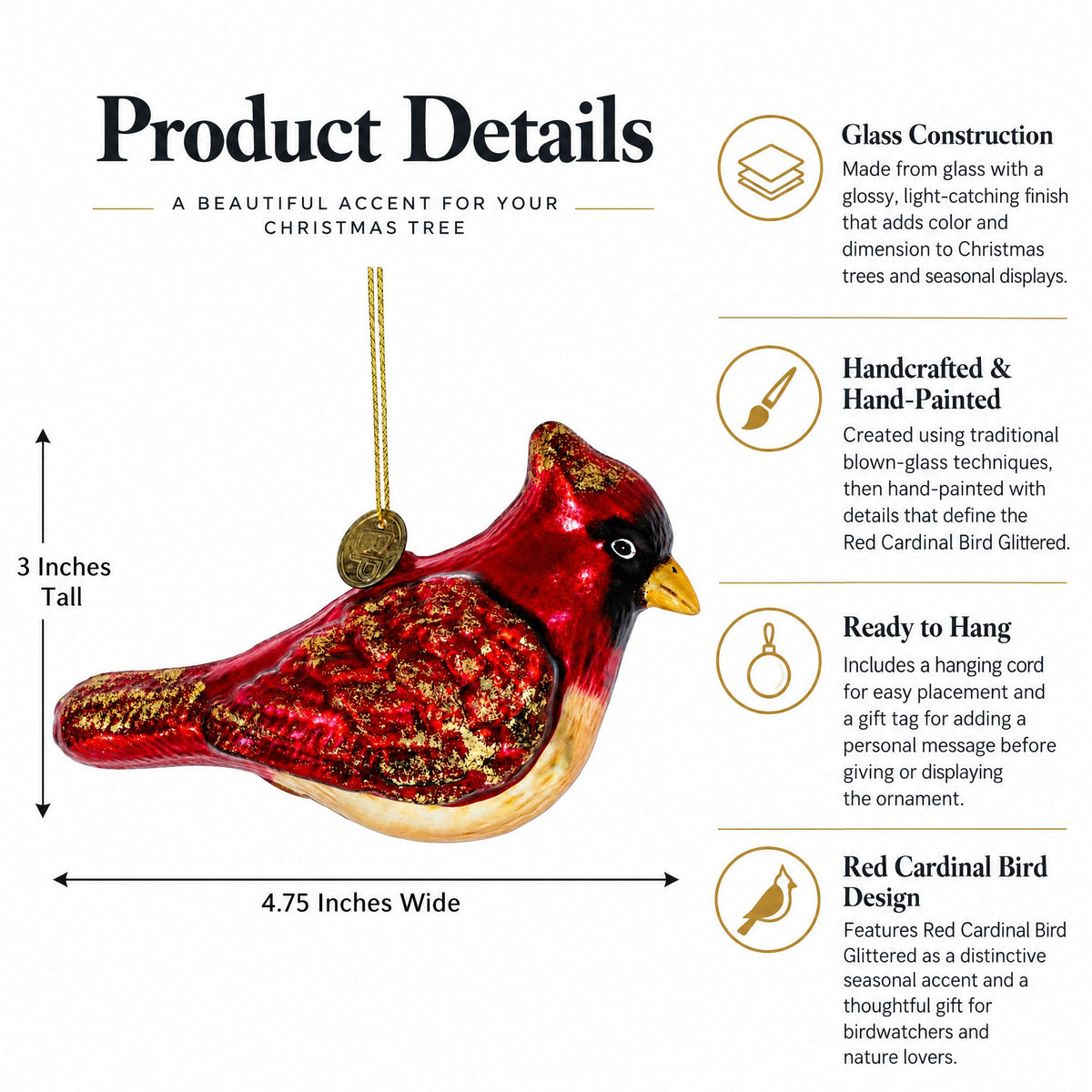 Red Cardinal Bird Glittered Glass Christmas Ornament