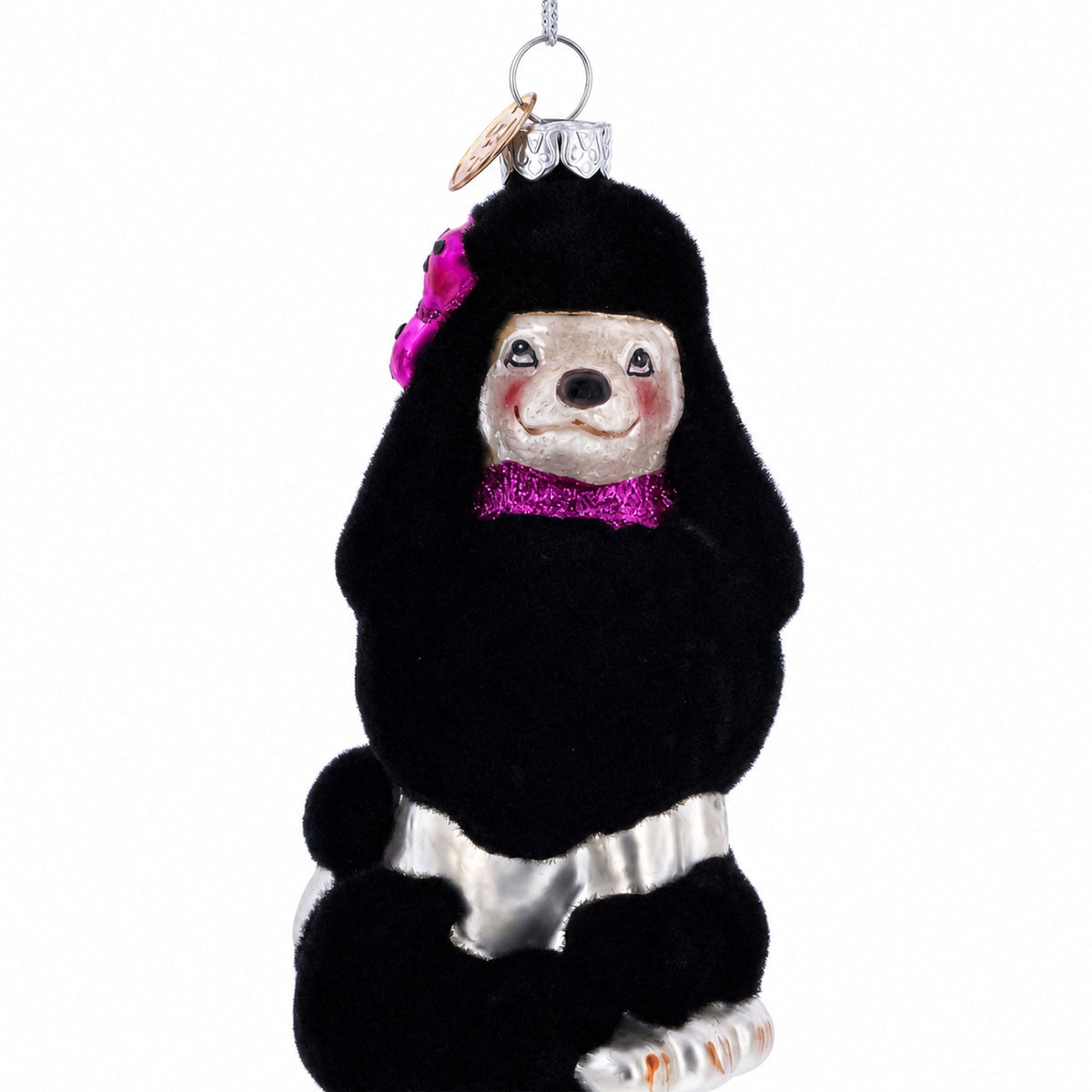 Black Poodle Dog with Faux Fur Glass Christmas Ornament