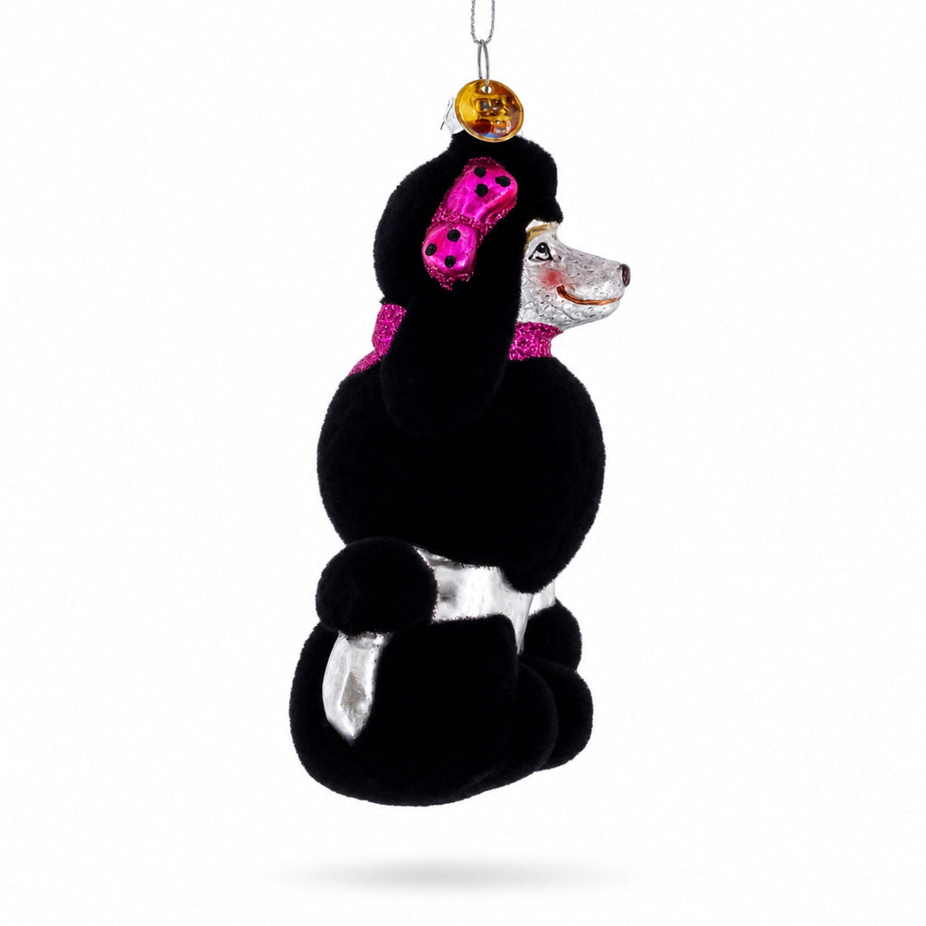 Black Poodle Dog with Faux Fur Glass Christmas Ornament