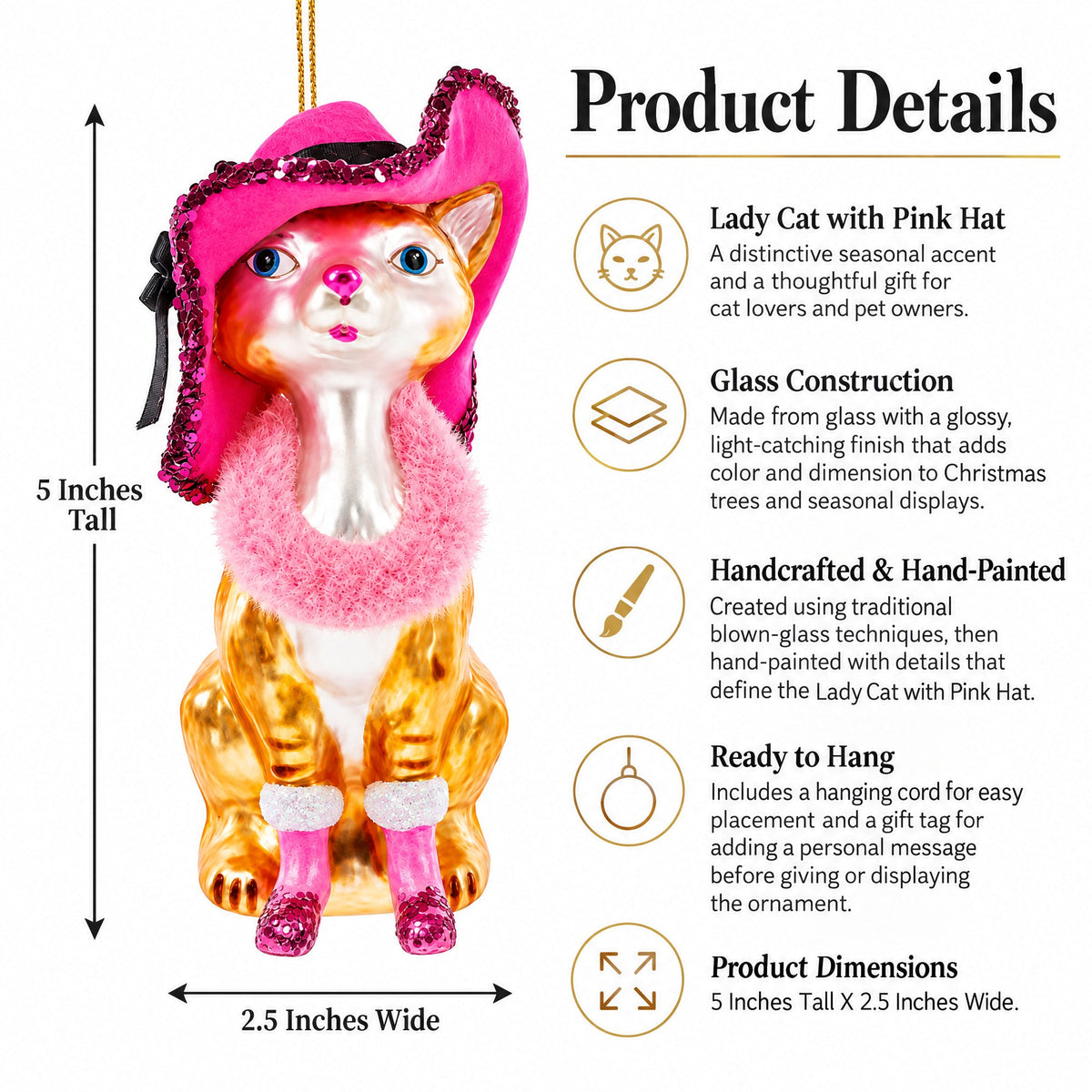 Lady Cat with Pink Hat Glass Christmas Ornament