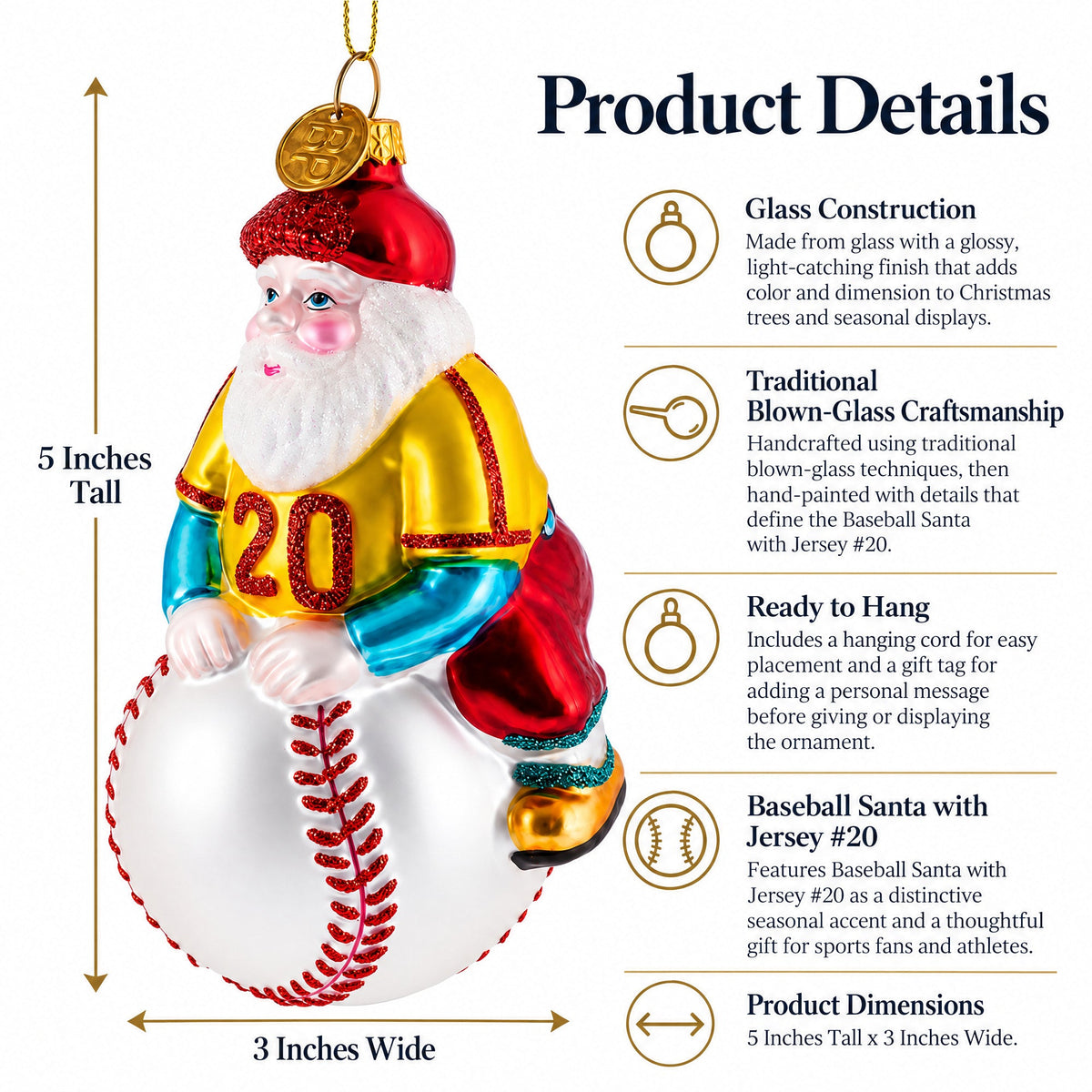 Baseball Santa with Jersey #20 Glass Christmas Ornament