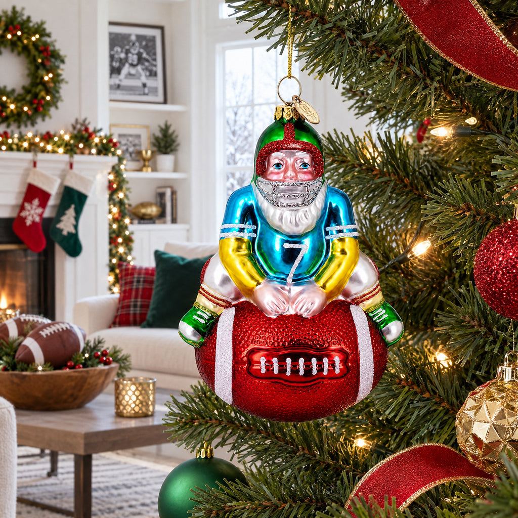 Football Santa the Quarterback Glass Christmas Ornament