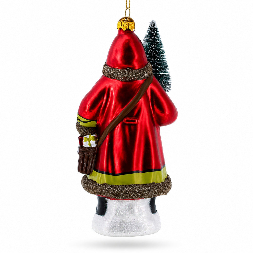 Santa with Fir Tree Glass Christmas Ornament