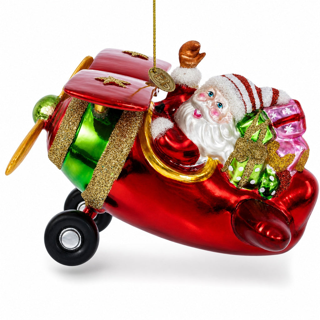 Santa Flying Airplane with Gifts Glass Christmas Ornament