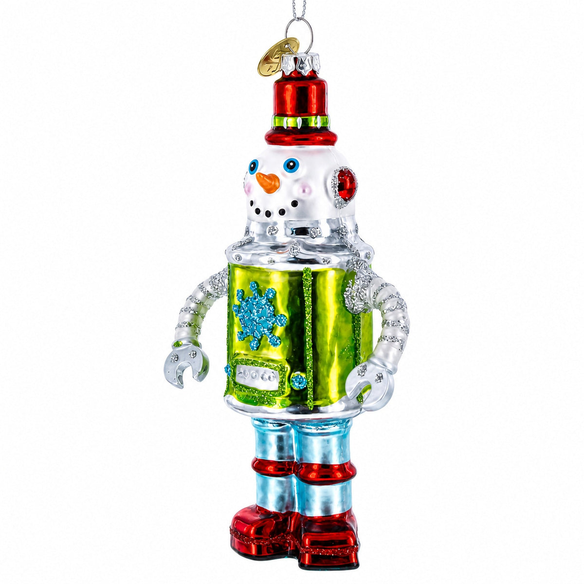 Retro Robot Snowman Glass Christmas Ornament