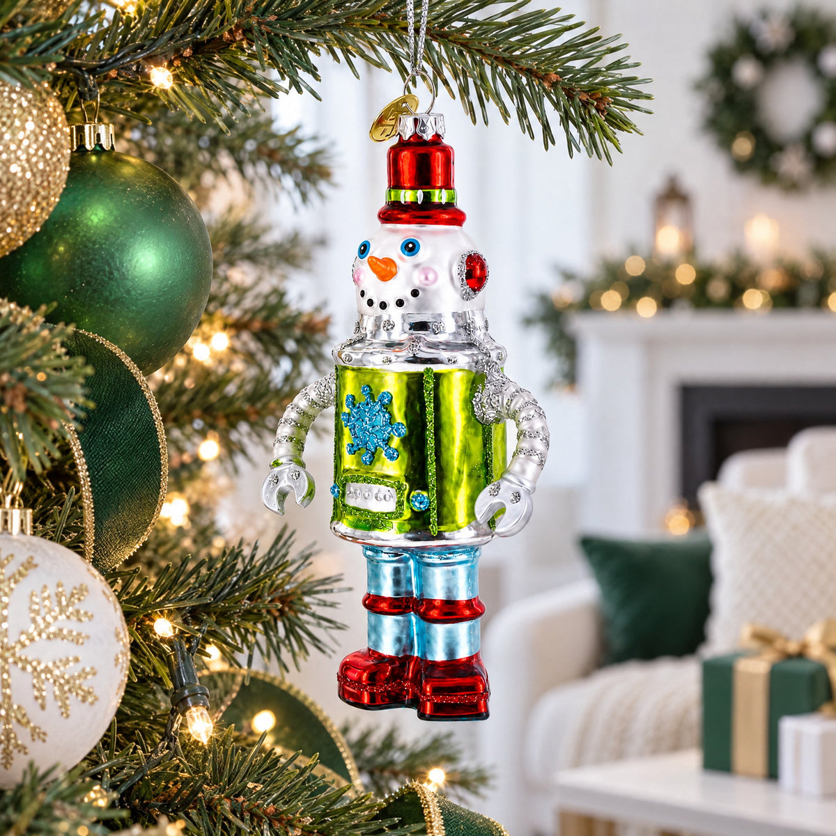Retro Robot Snowman Glass Christmas Ornament