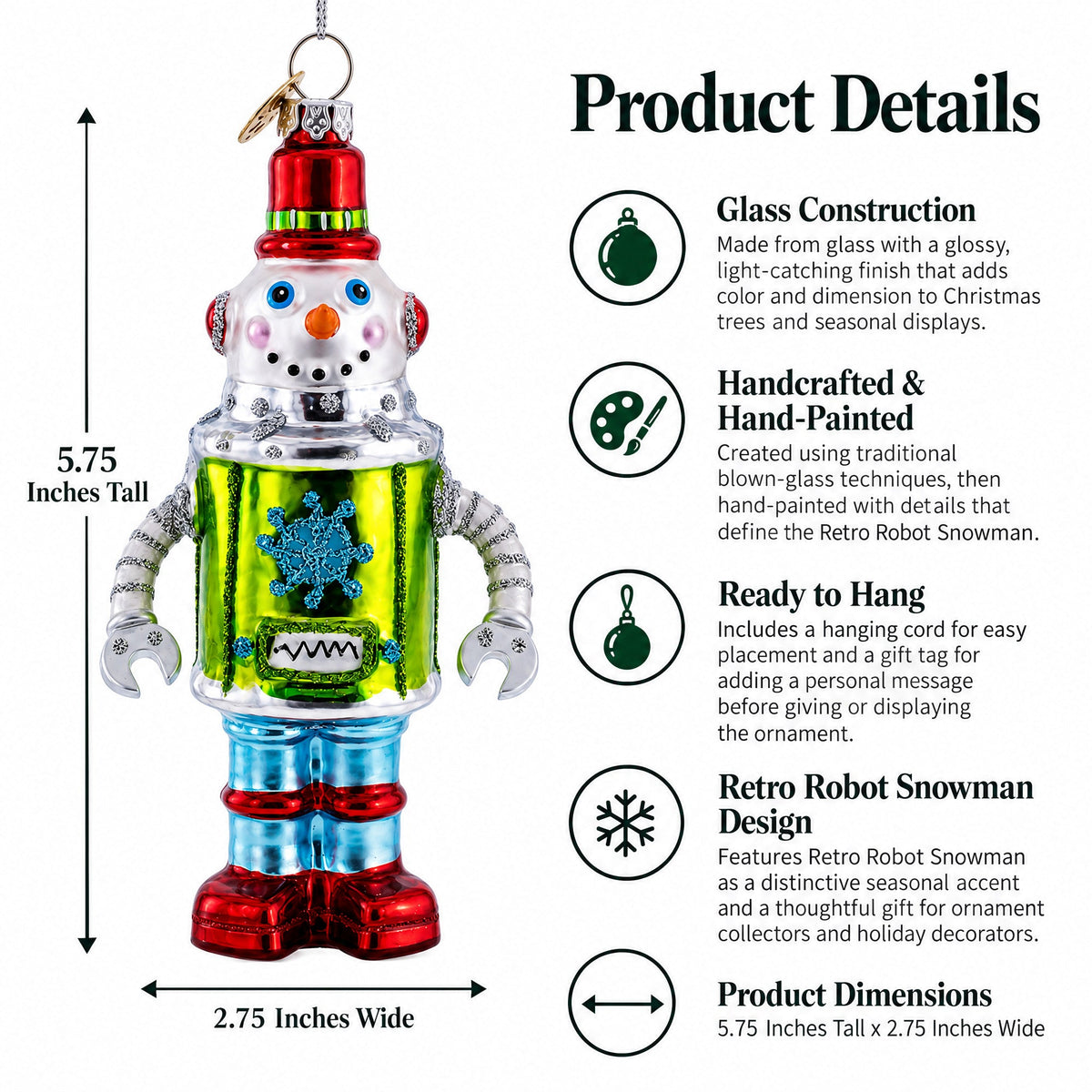 Retro Robot Snowman Glass Christmas Ornament