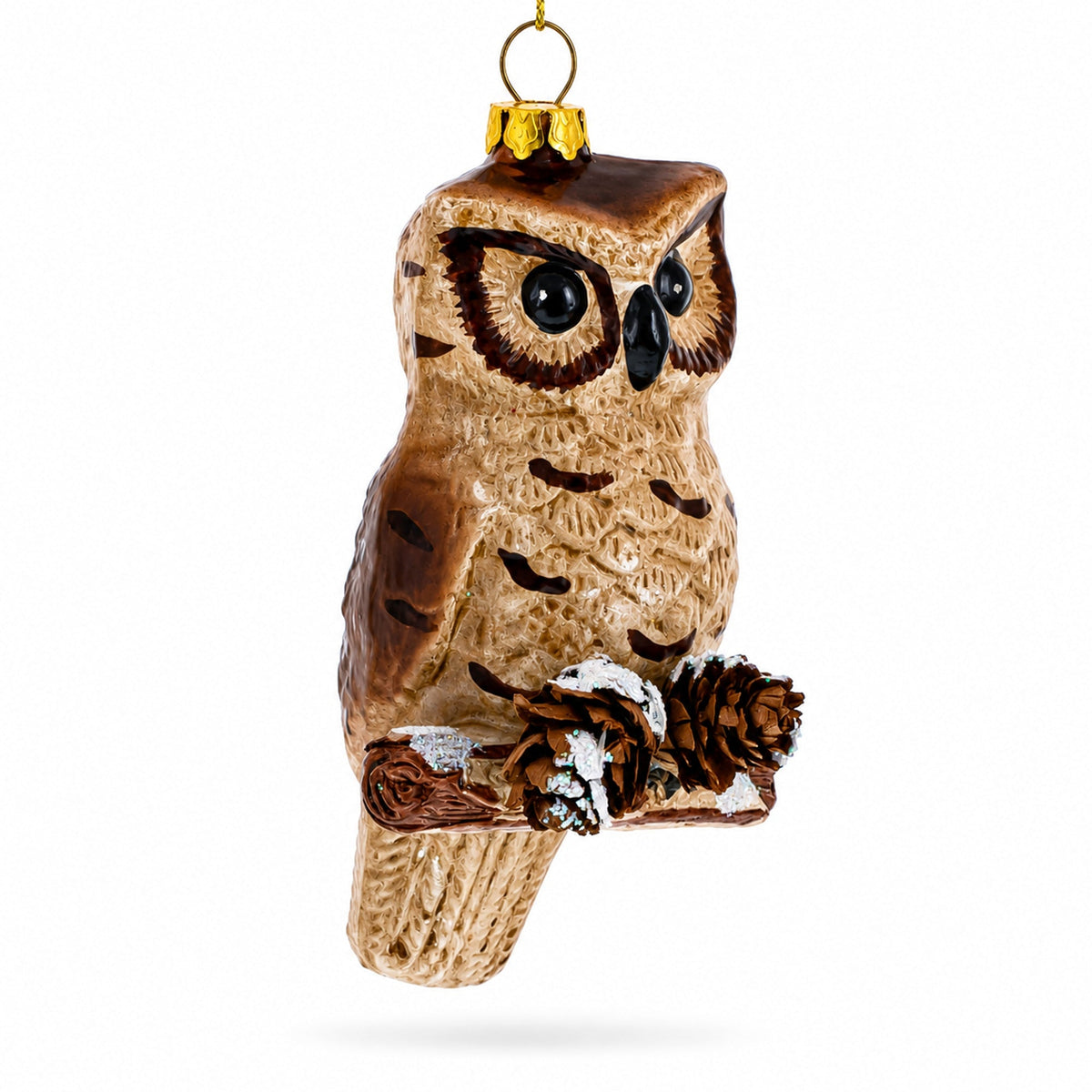 Wise Owl Perched on Branch Glass Christmas Ornament