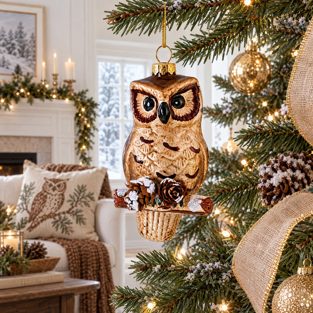 Wise Owl Perched on Branch Glass Christmas Ornament