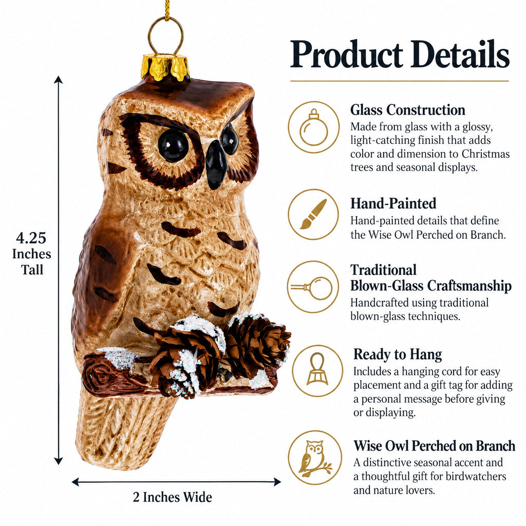 Wise Owl Perched on Branch Glass Christmas Ornament