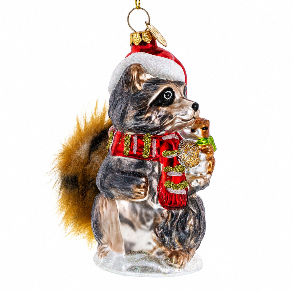 Raccoon Holding Squirrel Glass Christmas Ornament