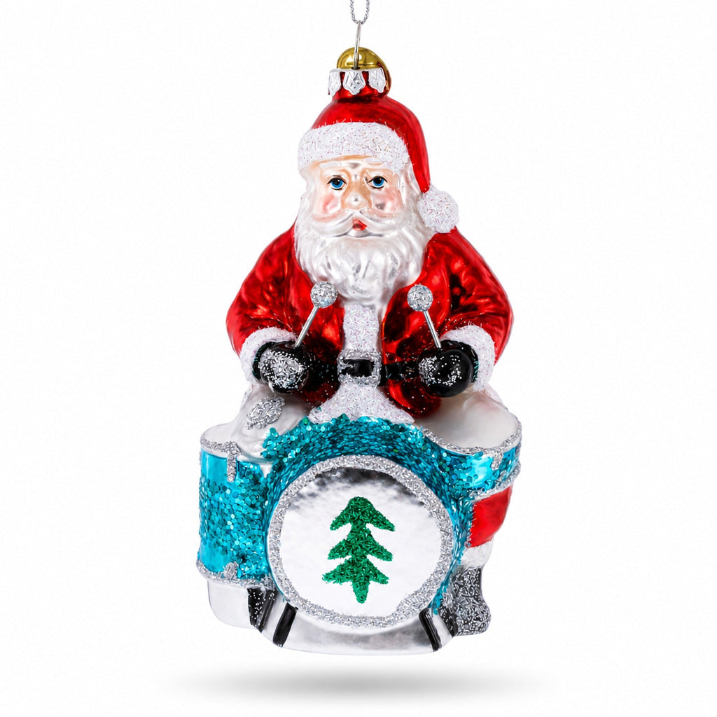 Santa Playing Drums Glass Christmas Ornament