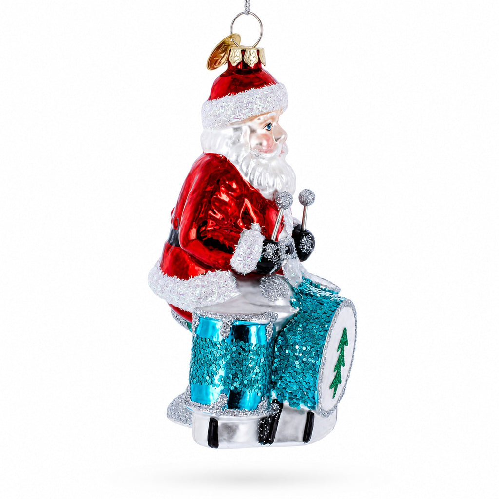 Santa Playing Drums Glass Christmas Ornament